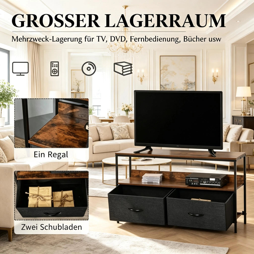 TV-LOWBOARD 98x29x56 cm in MDF, metallo e lino, nero/grigio