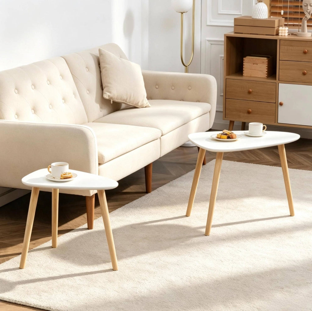 Set di 2 tavolini da salotto modulari bianchi e naturali in MDF e legno di pino