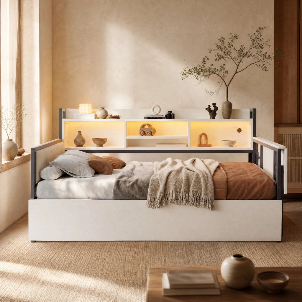 LETTO Multifunzionale 90x200 cm Metallo Bianco con Scrivania e Cassetti