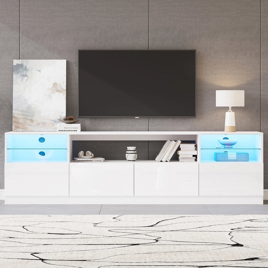 Mobile TV con 4 ante; 8 vani e illuminazione LED per soggiorno; in truciolare; bianco; 180×35×60 cm
