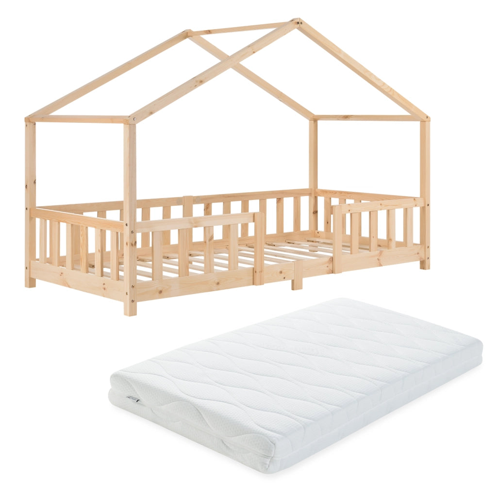 Letto per Cameretta Treviolo a Forma di Casetta in Stile Montessori con Materasso 90x200 cm - Color Naturale [en.casa]
