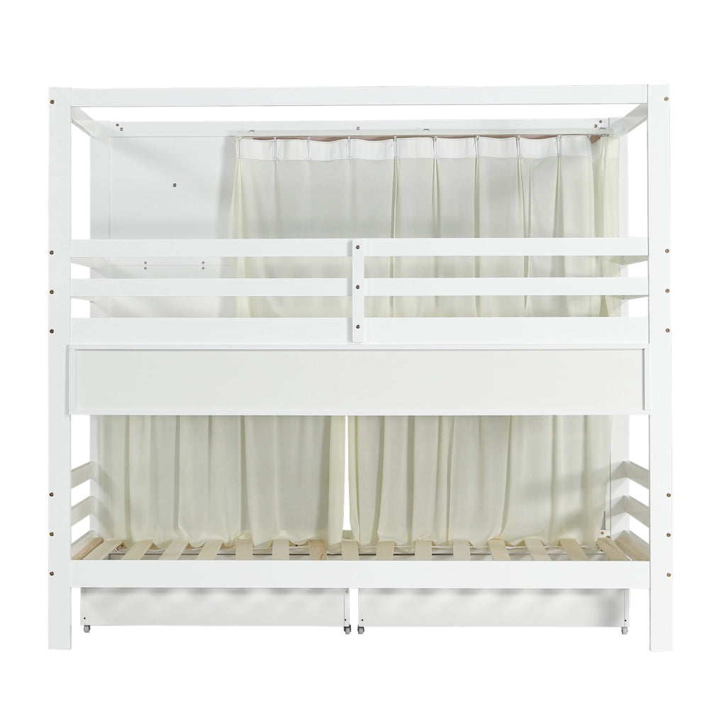 Letto a castello 90x200 cm con cassetti e ripiani in pino e MDF bianco e rosa