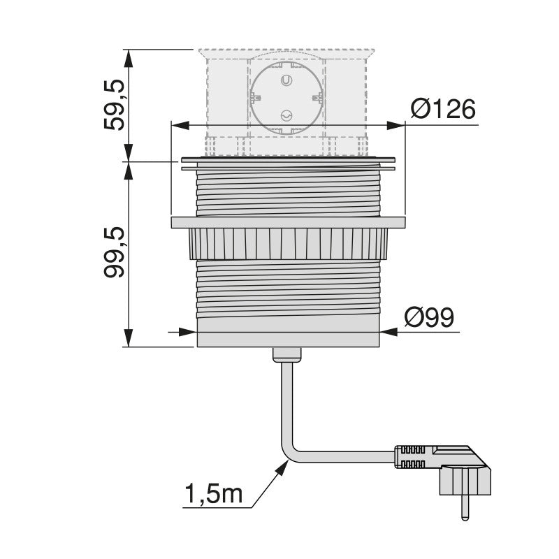 Multiconnettore Vertikal Push diametro 100mm, 3 spine di tipo Schuko, 1 USB tipo A, 1 USB tipo C, Acciaio e Tecnoplast..