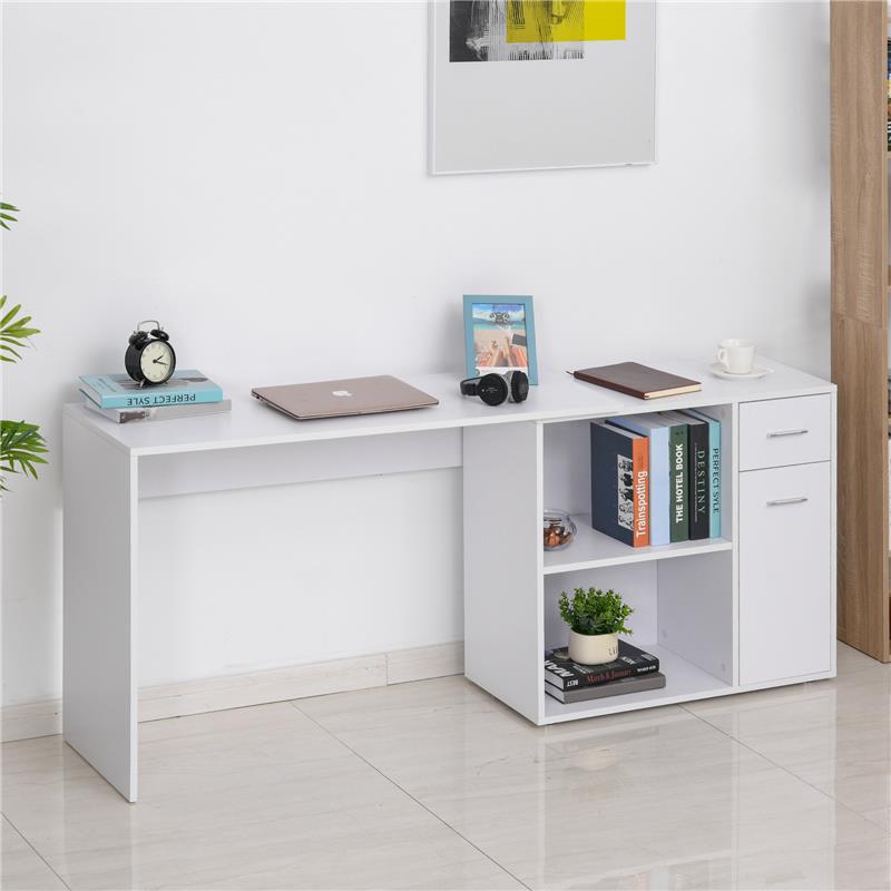 SCRIVANIA ANGOLARE CON CASSETTI ESTRAIBILI E SCAFFALE GIREVOLE BIANCA