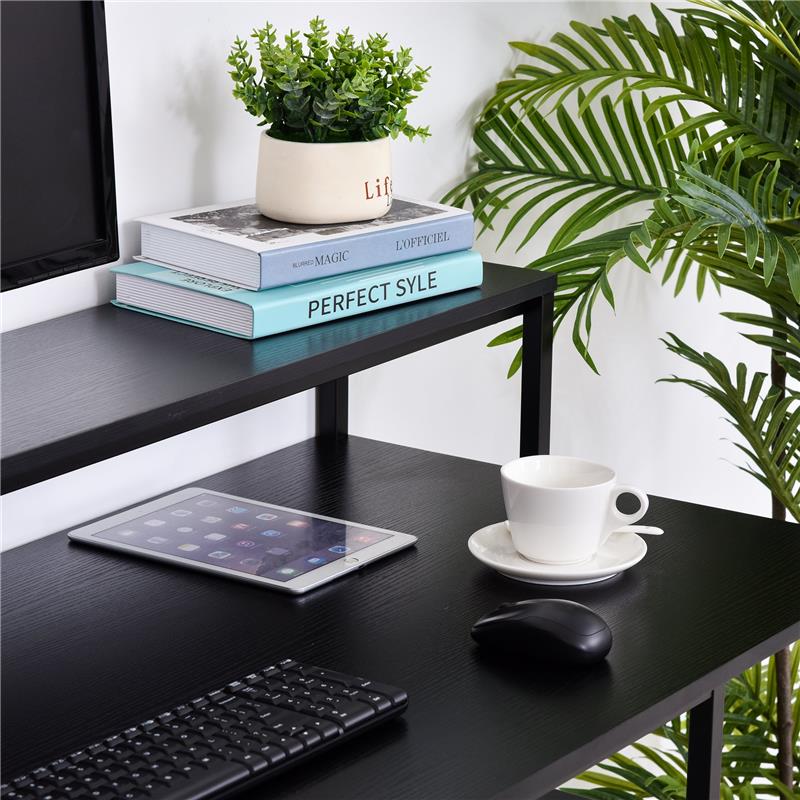 SCRIVANIA COMPUTER PER UFFICIO CON RIPIANI MONITOR E CPU NERA