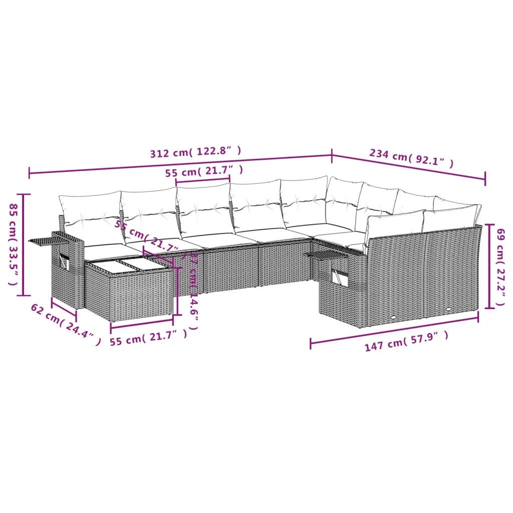 Set Divano da Giardino 10 pz con Cuscini Beige in Polyrattan 3220657