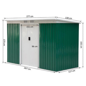 CASETTA PORTA ATTREZZI DA GIARDINO VERDE IN LAMIERA DI FERRO 277 X 130 X 173 CM