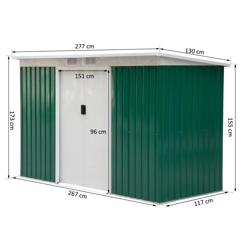 CASETTA PORTA ATTREZZI DA GIARDINO VERDE IN LAMIERA DI FERRO 277 X 130 X 173 CM