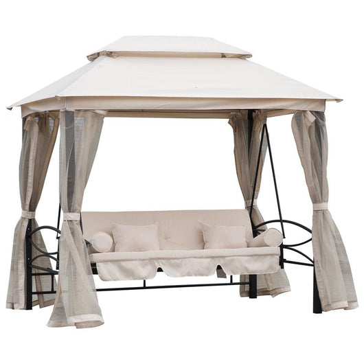 DONDOLO A GAZEBO RECLINABILE 3 POSTI CON ZANZARIERA E CUSCINI BEIGE