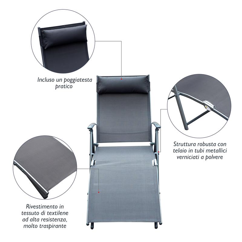 SDRAIO PRENDISOLE RELAX RECLINABILE PIEGHEVOLE CON CUSCINO GIARDINO GRIGIO
