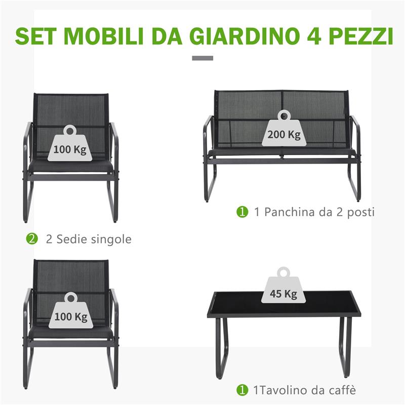 SET TAVOLINO CON PANCHINA E 2 SEDIE DA GIARDINO, ARREDAMENTO DA ESTERNO IN METALLO E TEXTILENE, NERO