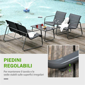 SET TAVOLINO CON PANCHINA E 2 SEDIE DA GIARDINO, ARREDAMENTO DA ESTERNO IN METALLO E TEXTILENE, NERO