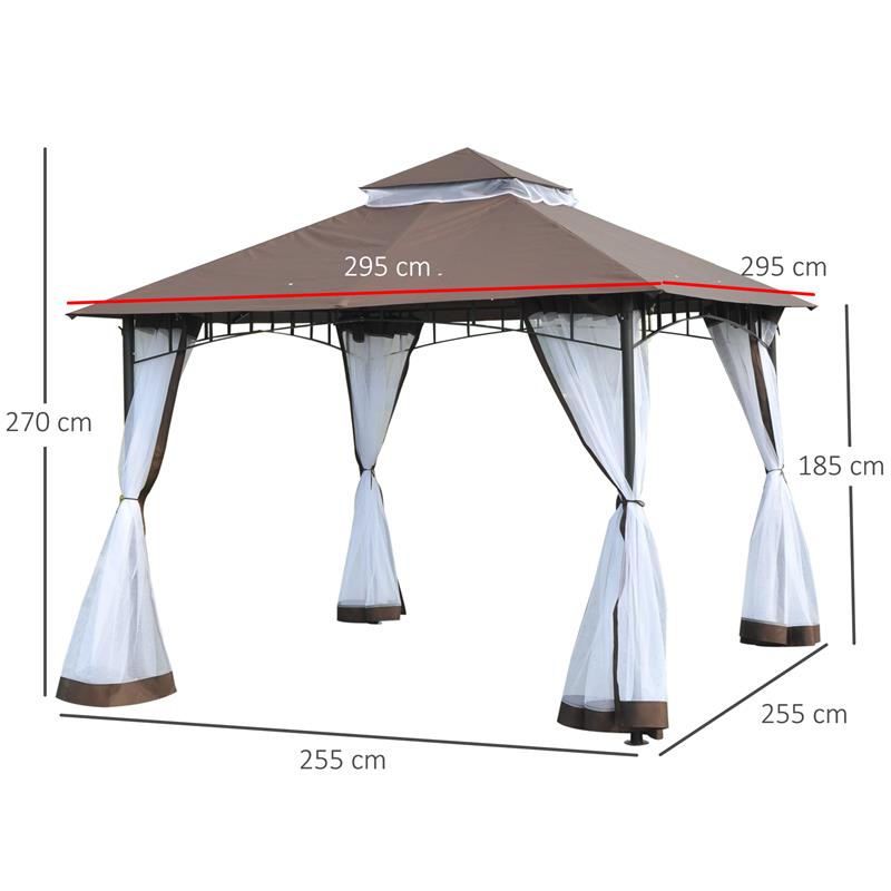GAZEBO CON ZANZARIERA TETTO A 2 LIVELLI  STRUTTURA IN METALLO 3 X 3 M MARRONE