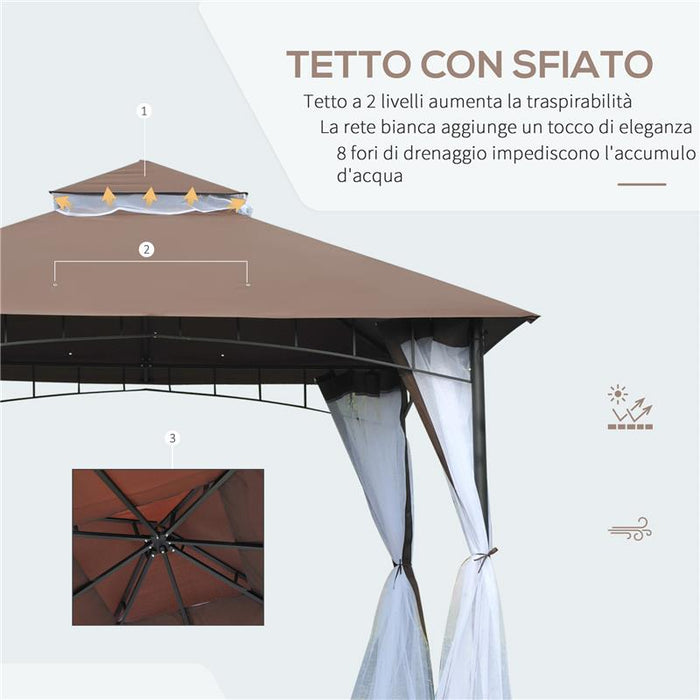 GAZEBO CON ZANZARIERA TETTO A 2 LIVELLI  STRUTTURA IN METALLO 3 X 3 M MARRONE