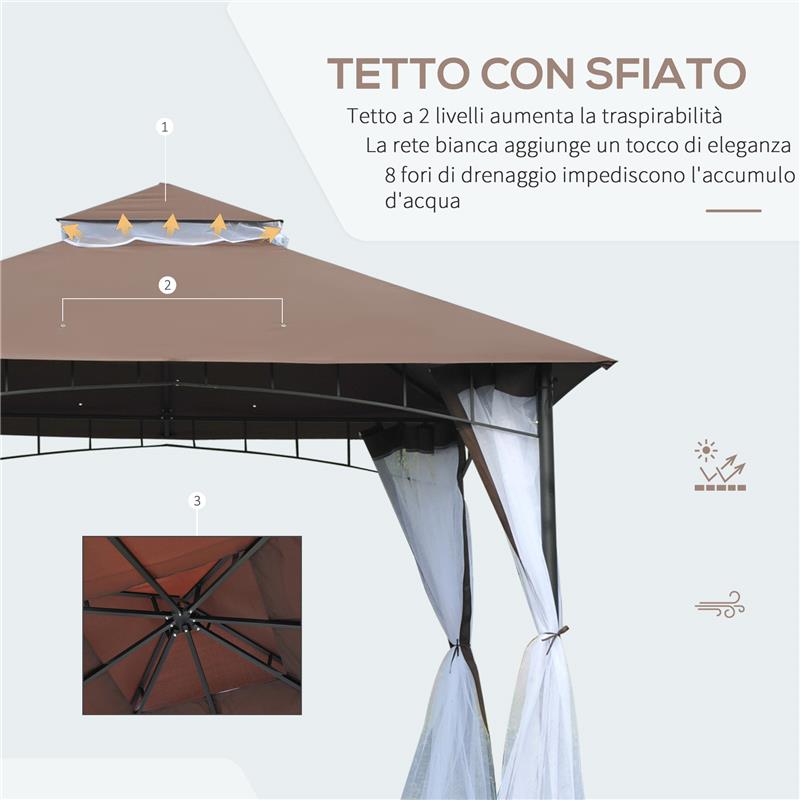 GAZEBO CON ZANZARIERA TETTO A 2 LIVELLI  STRUTTURA IN METALLO 3 X 3 M MARRONE