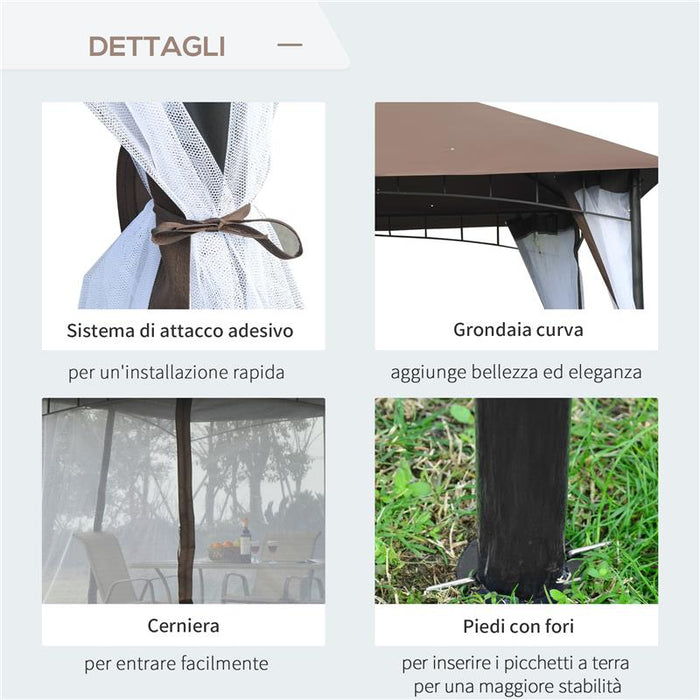 GAZEBO CON ZANZARIERA TETTO A 2 LIVELLI  STRUTTURA IN METALLO 3 X 3 M MARRONE
