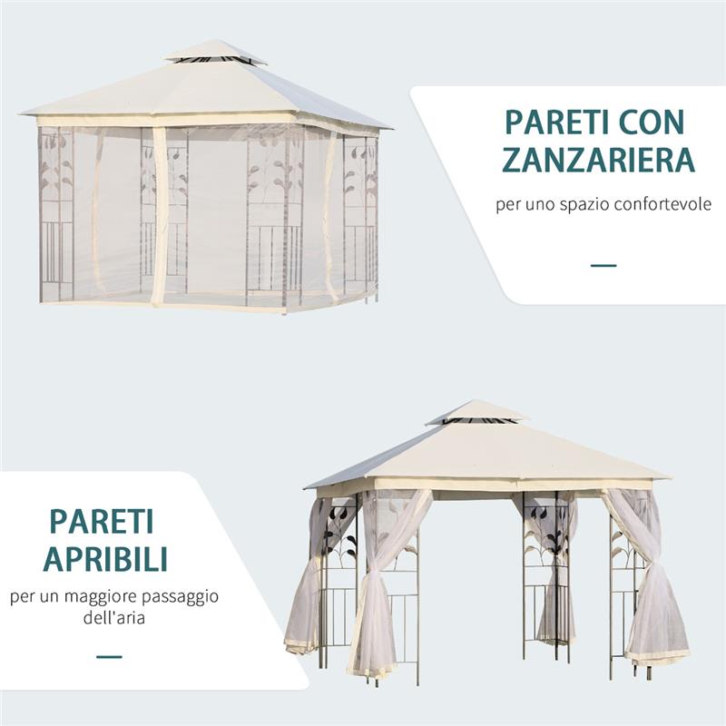 GAZEBO DA ESTERNO CON ZANZARIERA E DOPPIO TETTUCCIO 3 X 3 M BIANCO