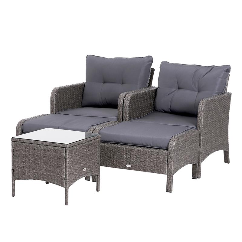 SET DA GIARDINO 2 DIVANETTI CON POUF E TAVOLINO RATTAN CON CUSCINI GRIGIO
