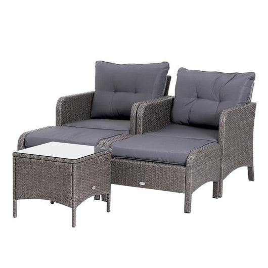 SET DA GIARDINO 2 DIVANETTI CON POUF E TAVOLINO RATTAN CON CUSCINI GRIGIO