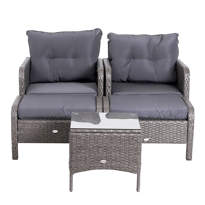 SET DA GIARDINO 2 DIVANETTI CON POUF E TAVOLINO RATTAN CON CUSCINI GRIGIO
