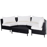 MOBILI DA GIARDINO SET 5 PEZZI CON TAVOLINO IN RATTAN NERO CON CUSCINI BIANCHI