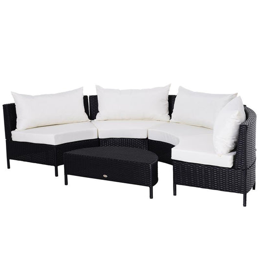 MOBILI DA GIARDINO SET 5 PEZZI CON TAVOLINO IN RATTAN NERO CON CUSCINI BIANCHI