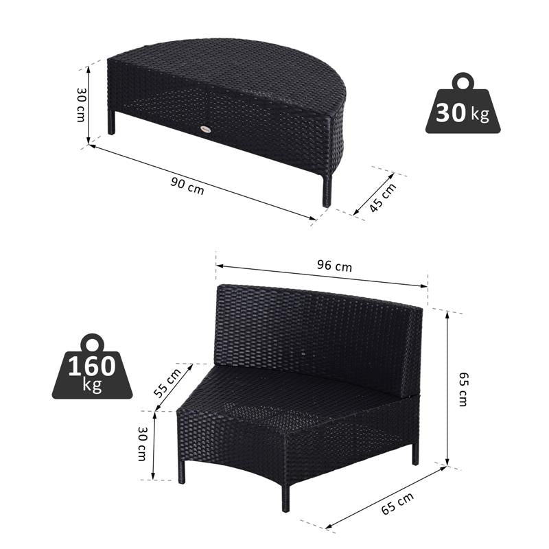 MOBILI DA GIARDINO SET 5 PEZZI CON TAVOLINO IN RATTAN NERO CON CUSCINI BIANCHI