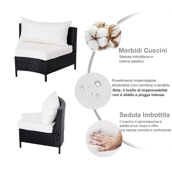 MOBILI DA GIARDINO SET 5 PEZZI CON TAVOLINO IN RATTAN NERO CON CUSCINI BIANCHI