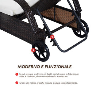 SET IN RATTAN 2 LETTINI RECLINABILI IMBOTTITI CON ROTELLE E TAVOLINO MARRONE