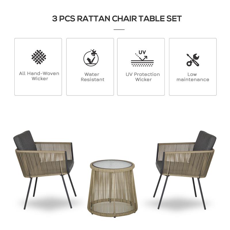 SET 2 POLTRONCINE CON TAVOLINO DA ESTERNO IN PE RATTAN CACHI E GRIGIO