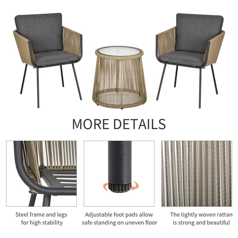 SET 2 POLTRONCINE CON TAVOLINO DA ESTERNO IN PE RATTAN CACHI E GRIGIO