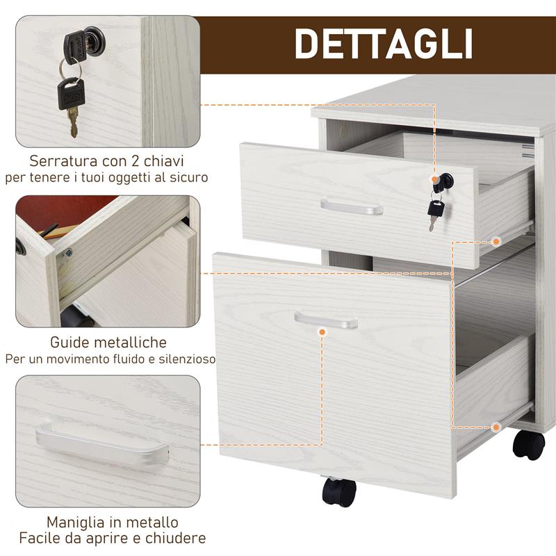 CASSETTIERA PORTADOCUMENTI DA UFFICIO CON 2 CASSETTI IN LEGNO BIANCO