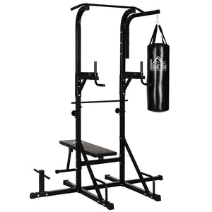 POWER TOWER CON PANCA E SACCO DA BOXE DA 20KG STAZIONE MULTIUSO IN ACCIAIO NERO