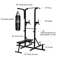 POWER TOWER CON PANCA E SACCO DA BOXE DA 20KG STAZIONE MULTIUSO IN ACCIAIO NERO