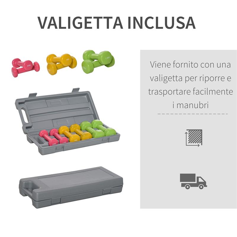 SET 6 MANUBRI PESI PER BRACCIA CON VALIGETTA DA 0.5 KG 1 KG 1.5 KG ACCIAIO