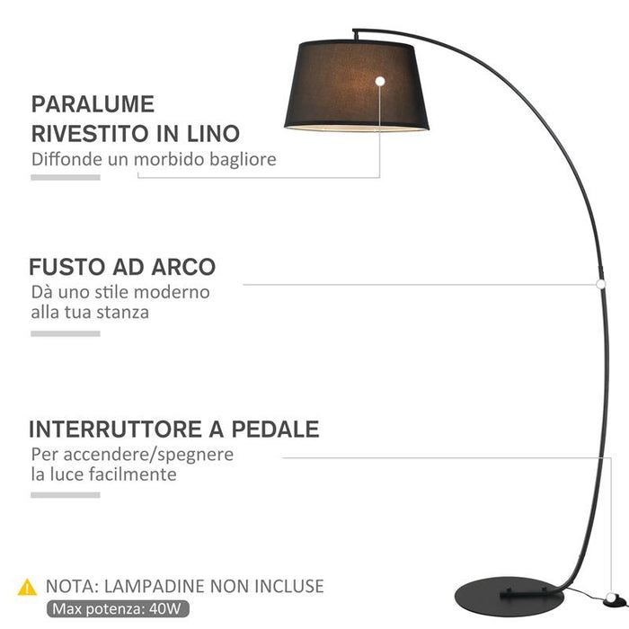 LAMPADA DA TERRA AD ARCO CON PARALUME IN TESSUTO INTERRUTTORE A PEDALE NERO