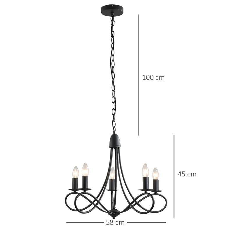 LAMPADARIO A SOFFITTO IN ACCIAIO INTRECCIATO CON 5 CANDELIERI NERO