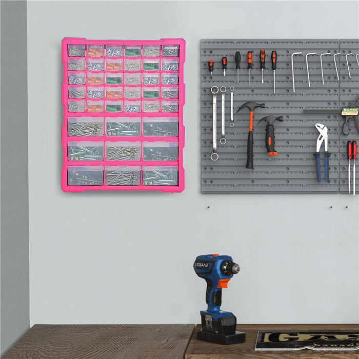 CASSETTIERA IN PLASTICA PORTAMINUTERIE CON 39 CASSETTI TRASPARENTI 38X16X47.5CM ROSA