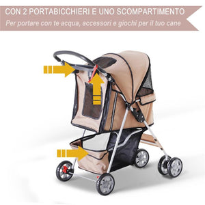 PASSEGGINO PER CANI PIEGHEVOLE, CARRELLO PER ANIMALI DOMESTICI, CAFFÈ, 75X45X97CM