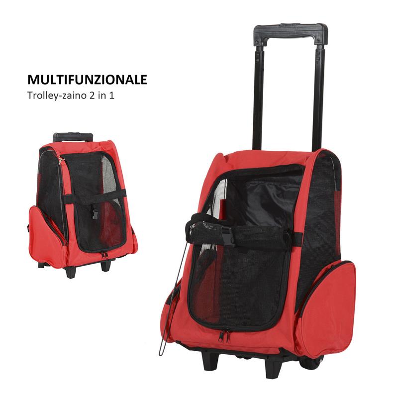 TROLLEY ZAINO 2 IN 1 PER PICCOLI ANIMALI DOMESTICI 35X27X49 CM ROSSO
