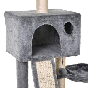 ALBERO TIRAGRAFFI ACCESSORIATO CON CUCCIA LETTINO SOSPESO E 2 PEDANE IN PELUCHE GRIGIO