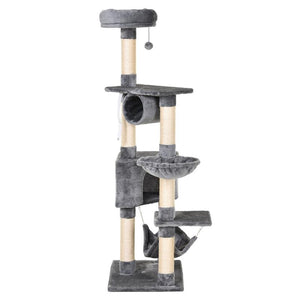 TIRAGRAFFI A COLONNA PER GATTI CON CUCCIA AMACA LETTINI SOSPESI E PALI IN CORDA SISAL GRIGIO 60X40X154CM