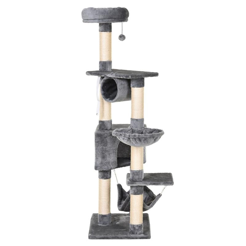 TIRAGRAFFI A COLONNA PER GATTI CON CUCCIA AMACA LETTINI SOSPESI E PALI IN CORDA SISAL GRIGIO 60X40X154CM