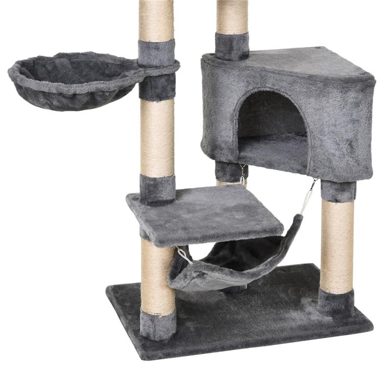 TIRAGRAFFI A COLONNA PER GATTI CON CUCCIA AMACA LETTINI SOSPESI E PALI IN CORDA SISAL GRIGIO 60X40X154CM