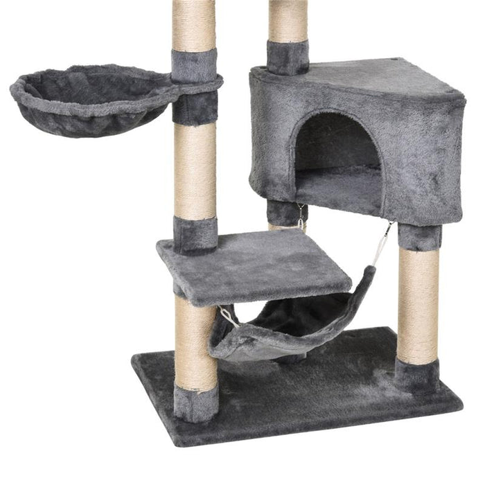 TIRAGRAFFI A COLONNA PER GATTI CON CUCCIA AMACA LETTINI SOSPESI E PALI IN CORDA SISAL GRIGIO 60X40X154CM