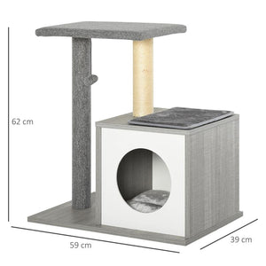 ALBERO TIRAGRAFFI PER GATTI CON CUCCIA E COLONNA IN CORDA SISAL GRIGIO 59X39X62CM