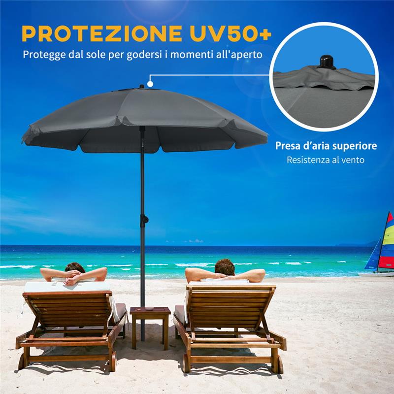 OMBRELLONE DA SPIAGGIA CON TETTUCCIO RECLINABILE 180 X 209 CM GRIGIO