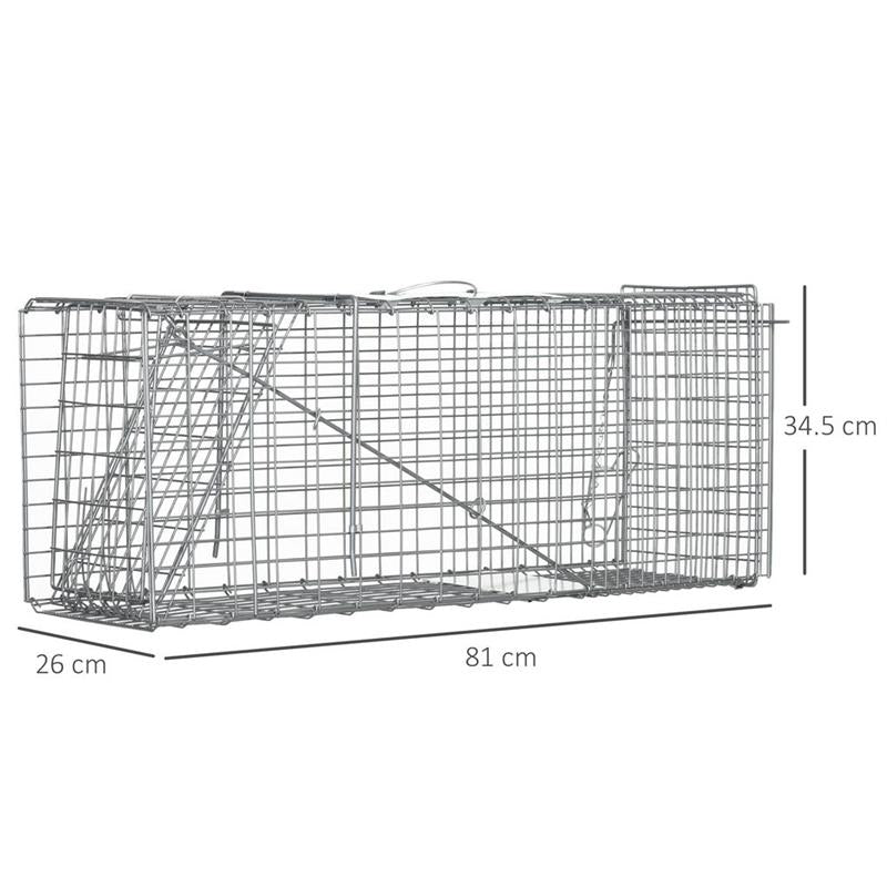GABBIA TRAPPOLA PER ANIMALI VIVI PIEGHEVOLE IN ACCIAIO, 81X26X34.5CM, ARGENTO