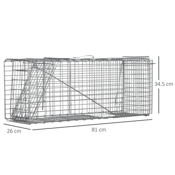 GABBIA TRAPPOLA PER ANIMALI VIVI PIEGHEVOLE IN ACCIAIO, 81X26X34.5CM, ARGENTO