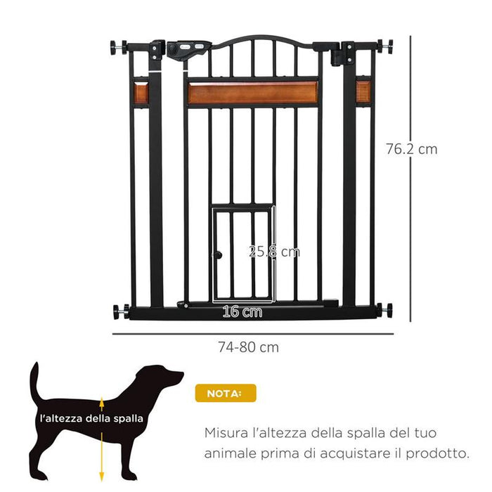 CANCELLINO PER CANI CON FISSAGGIO A PRESSIONE, ESTENSIBILE DA 74-80CM CON CHIUSURA AUTOMATICA, NERO